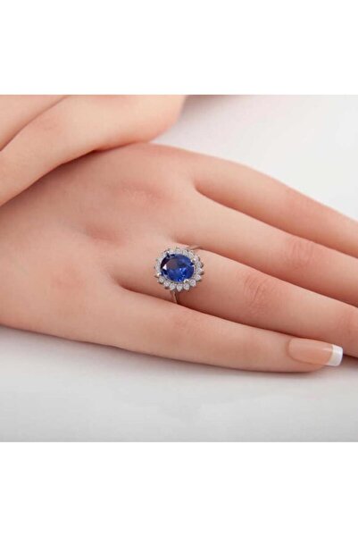 Çelikoğlu Kuyumculuk GÜMÜŞ MAVİ TAŞLI OVAL KADIN YÜZÜK