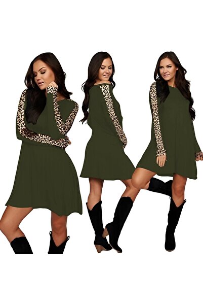 Kokosh moda Дамска мини рокля с леопардов детайл и дълъг ръкав - кръгло декол...