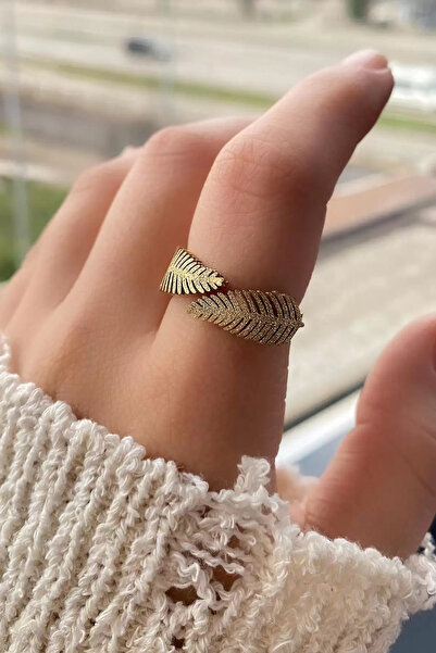 TakıDolabı خاتم فولاذي قابل للتعديل بتفاصيل أوراق ذهبية اللون