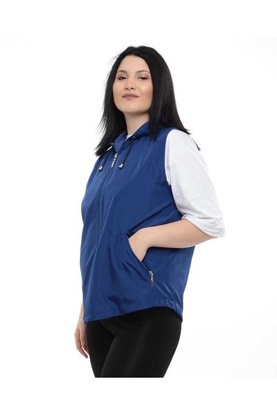 VETRE Women's Large Size Hooded Dark Blue Fleece Vest 1026