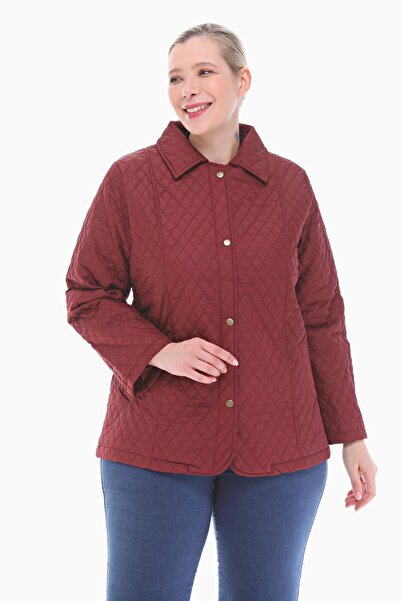 VETRE Women's Large Size Polo Collar Claret Red Seasonal Quilted Coat 1030