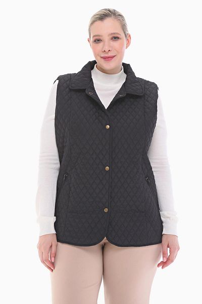 VETRE Women's Large Size Polo Collar Black Quilted Vest 1028