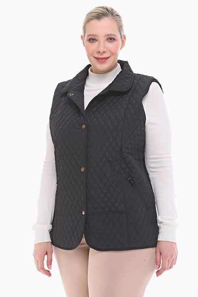 VETRE Women's Large Size Polo Collar Black Quilted Vest 1028