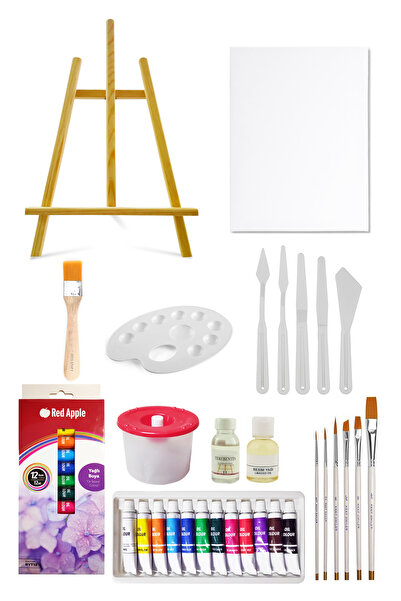 ACUTO Mini Şövale Seti Tüp Yağlı Boya Seti 12'li Plastik Spatula Seti 25x35 T...