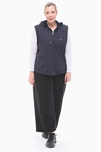 VETRE Women's Large Size Hooded Navy Blue Fleece Vest 1026