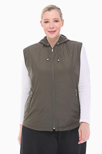 VETRE Women's Large Size Hooded Khaki Fleece Vest 1026