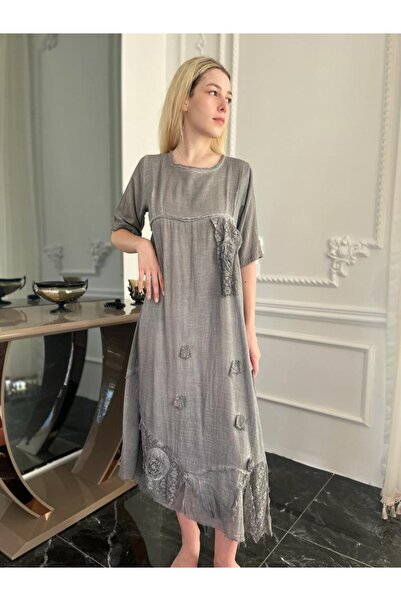 Bohemian Antique Look Stoned Cotton Authentic Short Sleeve Long Dress