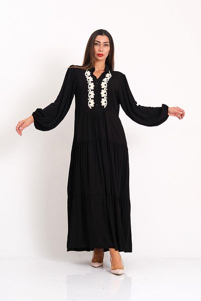 Keyifli Moda Women's Black Front Embroidered Balloon Sleeve Skirt Layered Long Dress