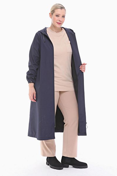 VETRE Women's Large Size Hooded Navy Blue Long Trench Coat 1034