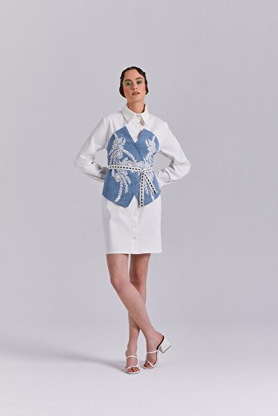 Nur OSKAY Gömlek Elbise, Kot Detaylı, Aplikeli Elbise, Beyaz Gömlek, Denim Gö...