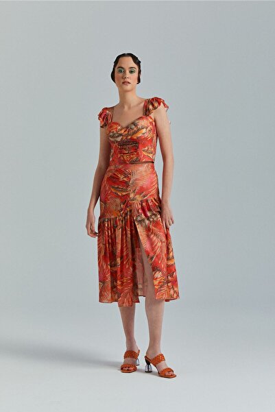 Nur OSKAY Mundu, Yazlık Etek Bluz Takım, Turuncu Takım, Yüksek Bel Etek, Yırt...