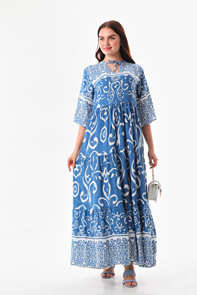 OlaLady Colorful Patterned Half Sleeve Oversize Loose Woven Viscose Dress