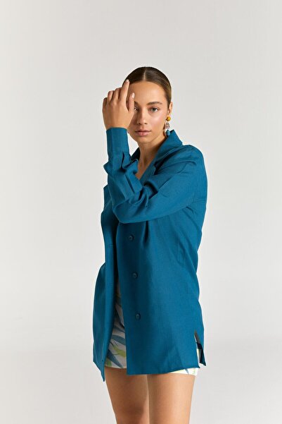 Nur OSKAY Petrol Mavisi Keten Gömlek Ceket Büstiyer Ve Şort Takım