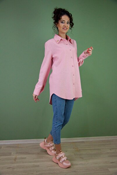 Nur OSKAY Pembe Oduncu Kumaş Taşlı Gömlek