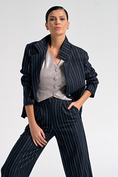 Nur OSKAY Tün, Lacivert Simli Palazzo Pantolon, Ceket, Yelek Takım