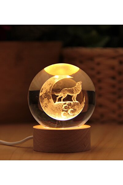 HEDİYEBİZİZ Kurt 3 Boyutlu Kristalleşmiş Cam Ahşap Işıklı Küre Lamba