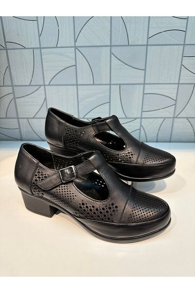 Anıl Ayakkabı Castle 24565 Pantofi de damă, negri, din piele naturală, cu toc, cu cataramă, cu șireturi - Anıl Shoes