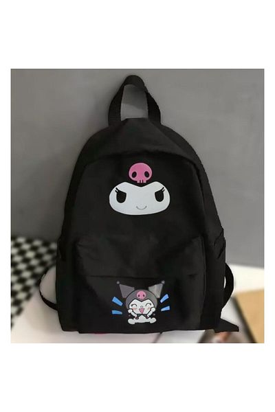 Köstebek Anime Harajuku Kuromi with Water Bowl Compartment - Happy Face Printed Black and Whiteschool Backpack