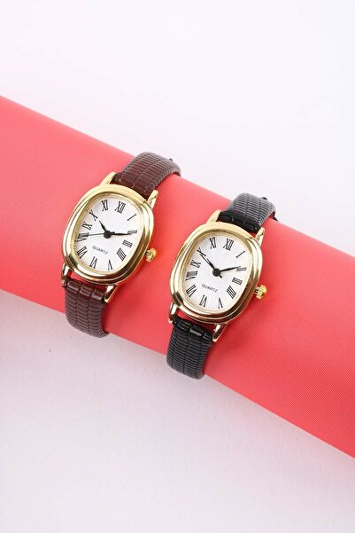 Force Kadın Gold Saat Oval Roma Rakam Deri Düz-Kroko Kordon