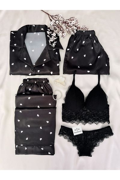 MH Moony Homewears Set de zestre de lenjerie intima din satin cu inimă neagră strălucitoare din 5 piese