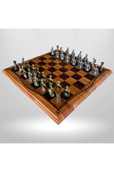 Metalicraft MC31 Metal Chess Set - Natural Wooden Beech Board - Handmade Terracotta Figured Metal Stones