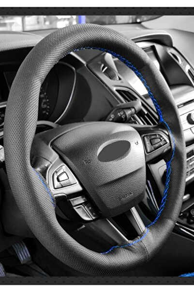 Asegaraj Ford Fiesta Uyumlu Dikmeli Direksiyon Kılıfı Noktalı Dikişli Mavi İpli ( 38cm×10.5cm )