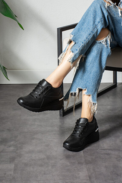 Ayax حذاء رياضي نسائي أسود (نعل أسود) برباط وكعب عالٍ