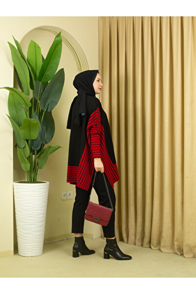 Kayaka triko cizgili tunik panço