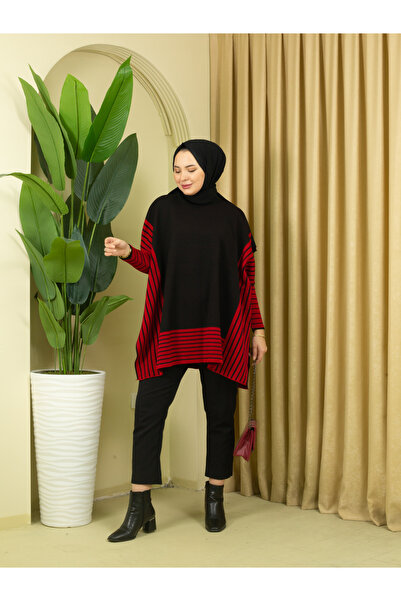 Kayaka triko cizgili tunik panço