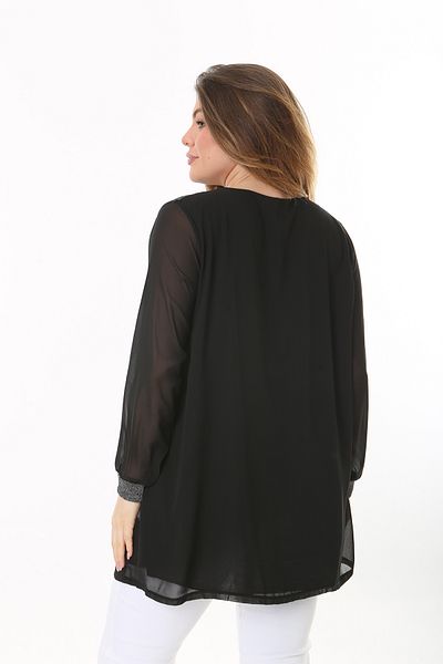 Şans Women's Plus Size Black Robe And Silver Glitter Lined Chiffon Tunic 65N37506