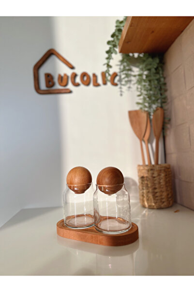 BUCOLIC طقم جرة زجاجية مكونة من قطعتين مع حامل خشبي وغطاء كروي خشبي