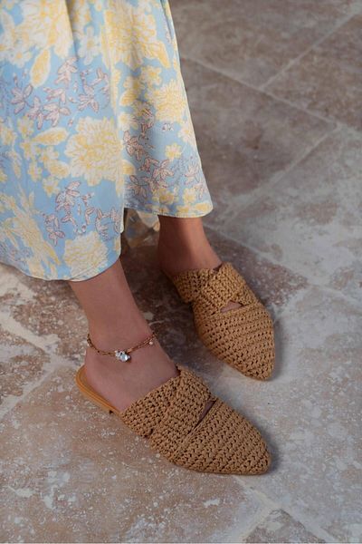 NİŞANTAŞI SHOES Dámské pantofle Tan Knitted Cross Band Detail