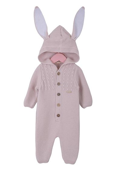 Minora Unisex Knitwear Rabbit Eared Hooded Baby Onesie Powder
