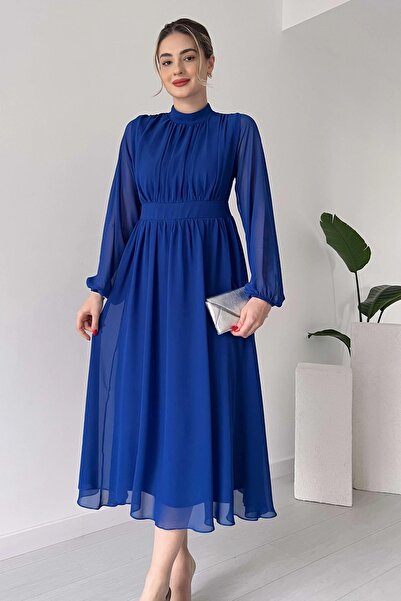 lovebox Bélelt sifon szövet állványgallér kiszélesedett vágott hosszú ujjú Midi hosszúságú Saks kék estélyi ruha 094