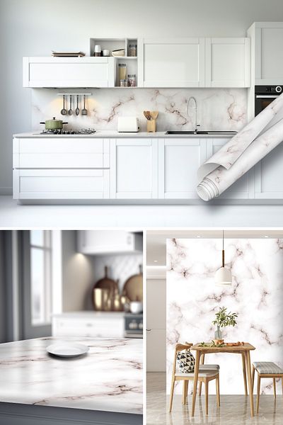 Dekoros White Brown Marble Patterned Adhesive Foil, Decorative Coating Between Cabinet and Countertop 45x500cm 0220