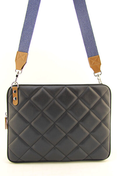 HNB (HANDBAG GIFTED) Black 13 & 14 Inch Quilted Laptop and Tablet Case with Cross Column Strap