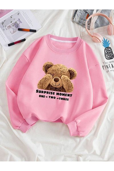 PALPİTO Φούτερ Unisex Pink Surprise Bear με στάμπα μεγάλου μεγέθους με λαιμόκοψη