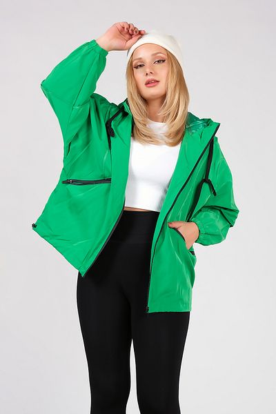 Giyim Dünyası Women's Parachute Fabric Hooded Raincoat Green