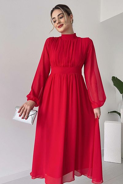 vuvutasarım Lined Chiffon Fabric Long Sleeve Stand Collar Flared Cut Midi Length Red Chiffon Dress 094