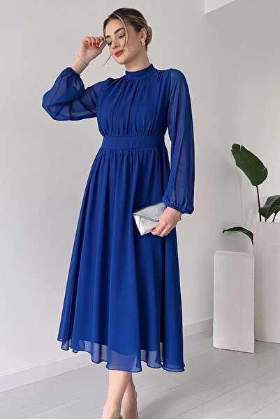 lovebox Bélelt sifon szövet állványgallér kiszélesedett vágott hosszú ujjú Midi hosszúságú Saks kék estélyi ruha 094