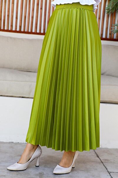 benguen 4538 Elastic Waist Pleated Skirt Oil Green