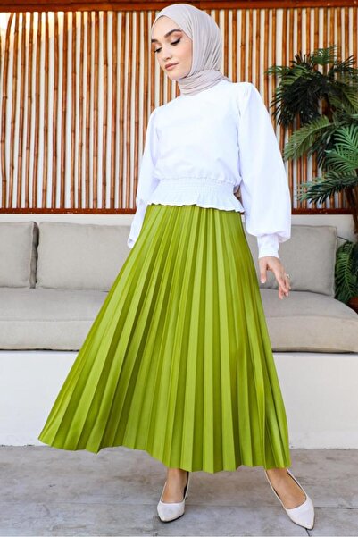 benguen 4538 Elastic Waist Pleated Skirt Oil Green