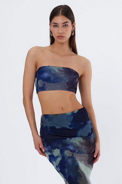 LAMODEMAPASS Crop top fără bretele cu imprimeu din tul