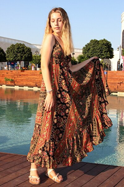 Bohemian Women's Red Shawl Patterned Strappy Ruffle Silk Dress