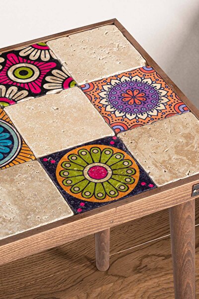 bluecape Traverten Taşlı Positano Doğal Ağaç 62x32cm Ceviz Dekoratif Sehpa