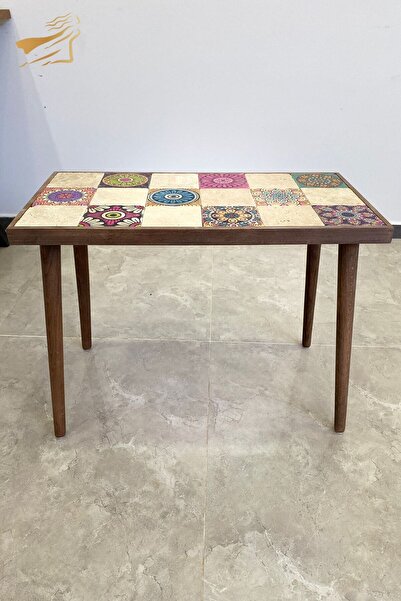 bluecape Traverten Taşlı Positano Doğal Ağaç 62x32cm Ceviz Dekoratif Sehpa