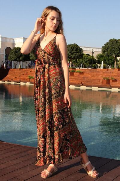 Bohemian Women's Red Shawl Patterned Strappy Ruffle Silk Dress