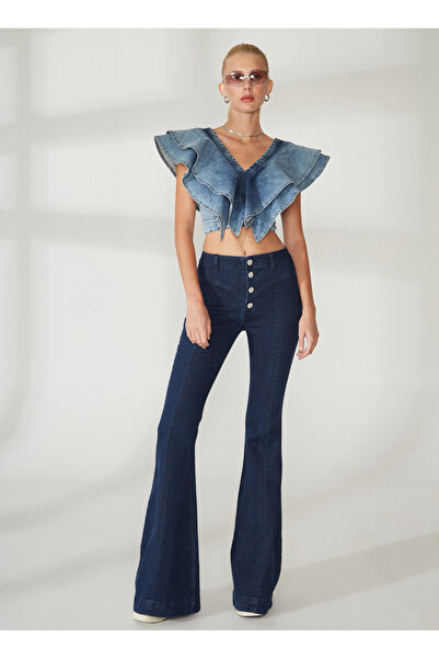 Rocky girl Korsaj Detaylı Ispanyol Paça Lacivert Denim Pantolon