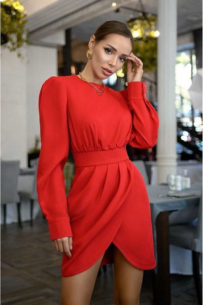 Secret Passion Lingerie RED LYCRAL CREPE FABRIC SKIRT PLEATED SKIRT OVAL DETAIL LONG SLEEVE GOWN DRESS581901 648