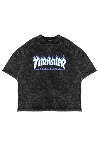 Bak Moda Πλένεται μαύρο μπλουζάκι Unisex με στάμπα Thrasher Flam